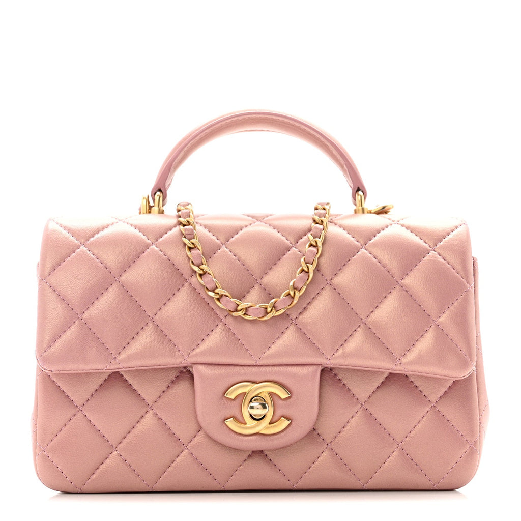 Chanel Iridescent Lambskin Quilted Mini Top Handle Rectangular Flap Pink