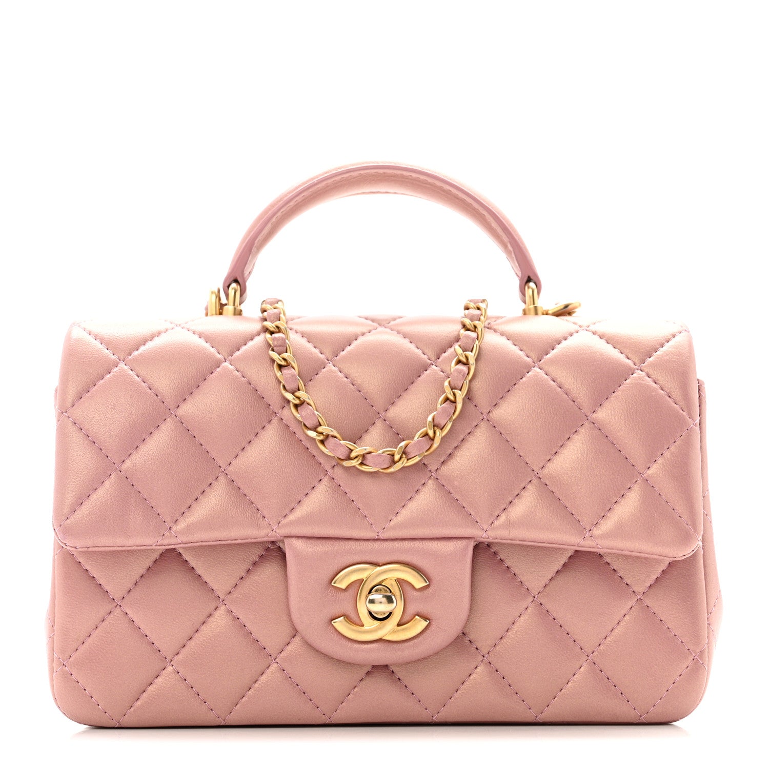 Chanel Iridescent Lambskin Quilted Mini Top Handle Rectangular Flap Pink