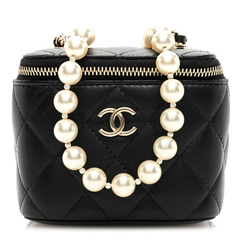 Chanel Lambskin Quilted Mini Vanity Case With Pearl Chain Black