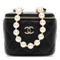 Chanel Lambskin Quilted Mini Vanity Case With Pearl Chain Black