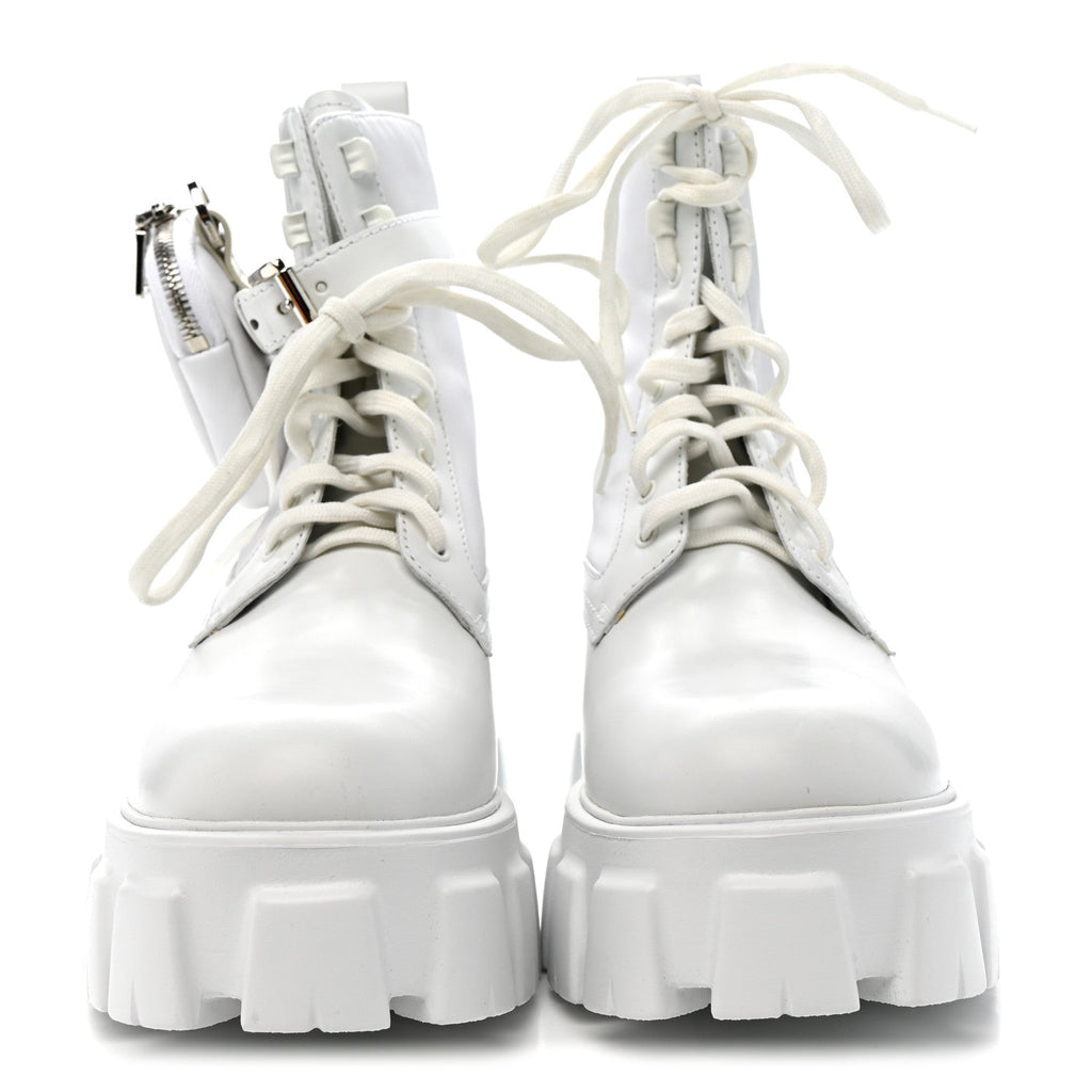 Prada Spazzolato Rois Re-Nylon Metal Triangle Logo Monolith Pouch Pocket 55mm Boots 40.5 White