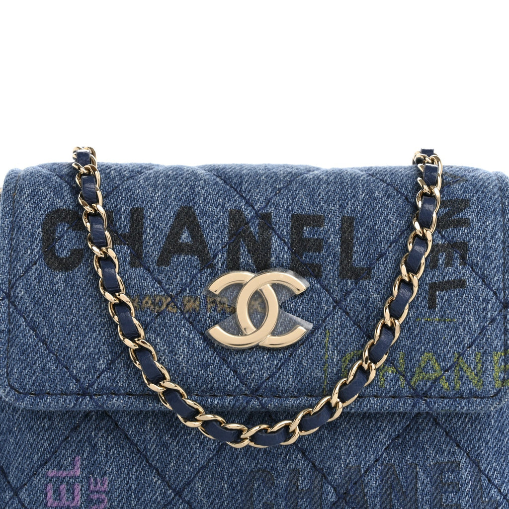 Chanel Denim Quilted Denim Mood Clutch With Chain Blue Multicolor