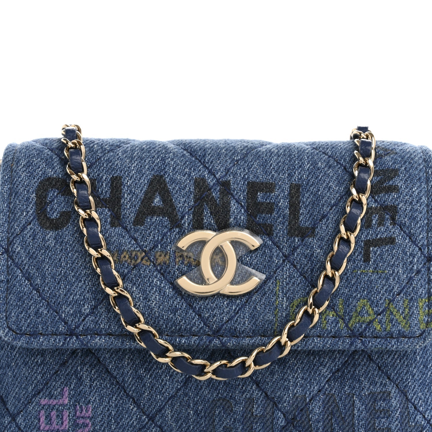 Chanel Denim Quilted Denim Mood Clutch With Chain Blue Multicolor