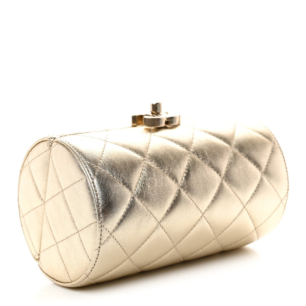 Chanel Metallic Lambskin Quilted Barrel Crossbody Bag Gold