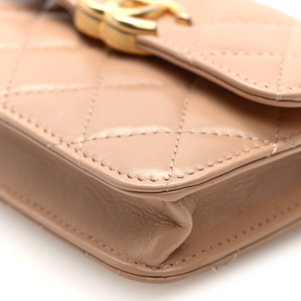 Chanel Calfskin Quilted Perfect Fit Coin Purse With Chain Beige