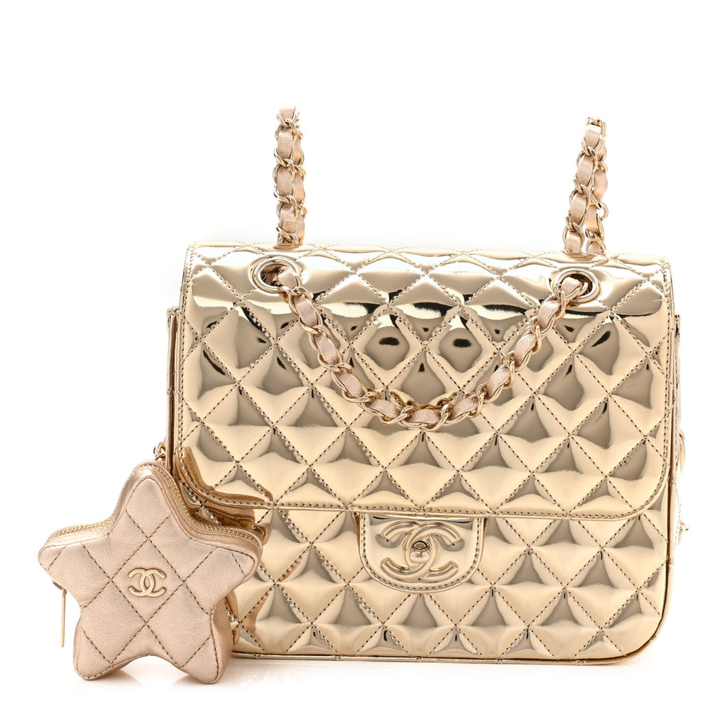 Chanel Mirror Calfskin Metallic Calfskin Quilted Hollywood Boulevard Backpack With Coin Purse Gold