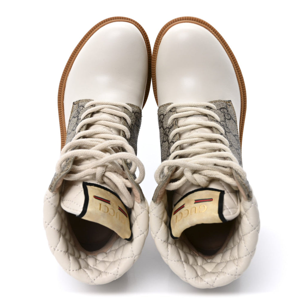 Gucci Calfskin GG Supreme Monogram Nappa Quilted Lace Up Ankle Boots 35 Mystic White Beige