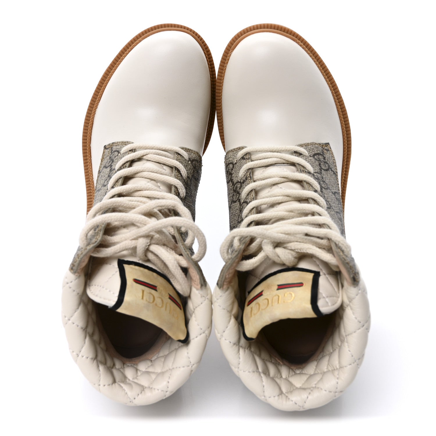 Gucci Calfskin GG Supreme Monogram Nappa Quilted Lace Up Ankle Boots 35 Mystic White Beige