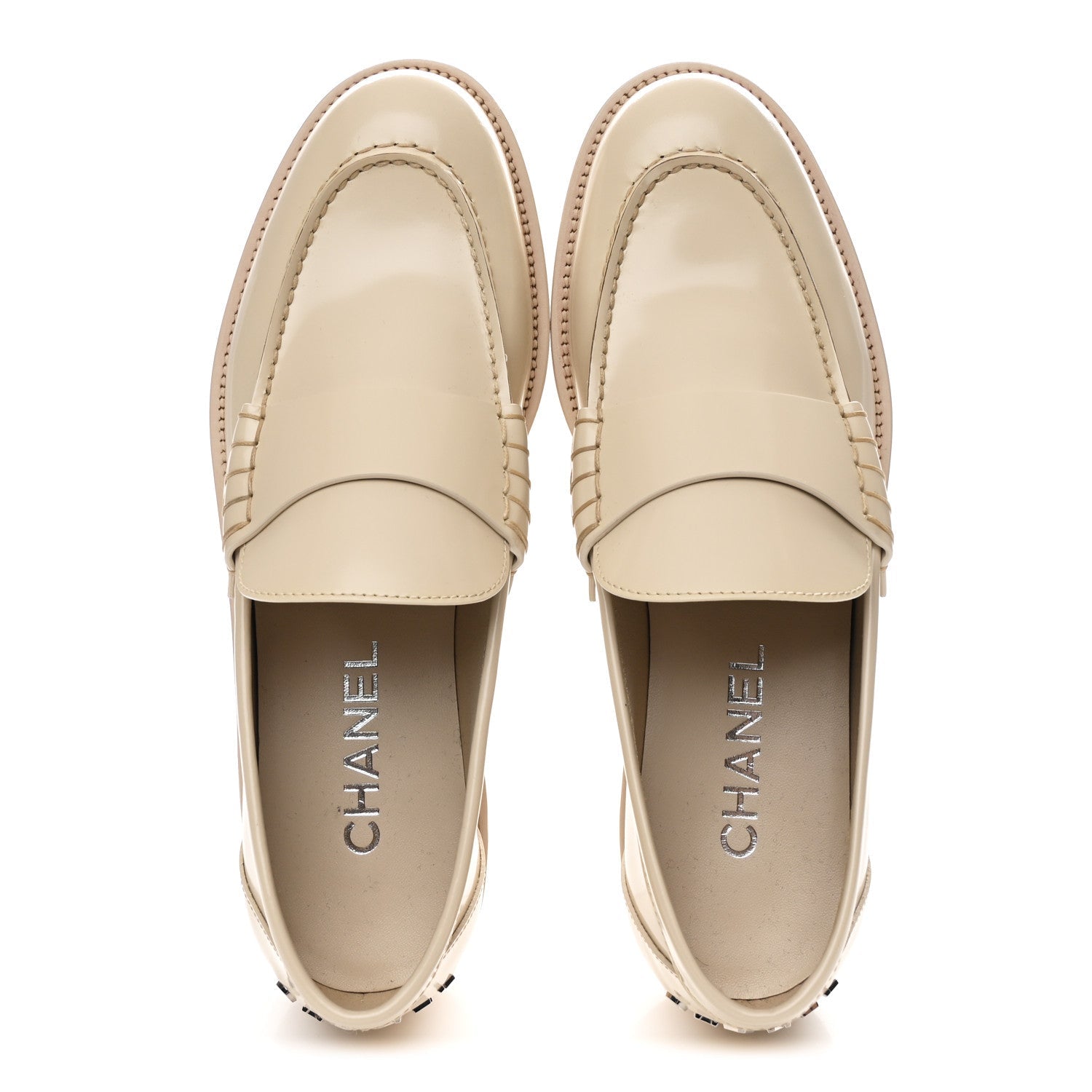 Chanel Shiny Calfskin Logo Loafers 39.5 Beige