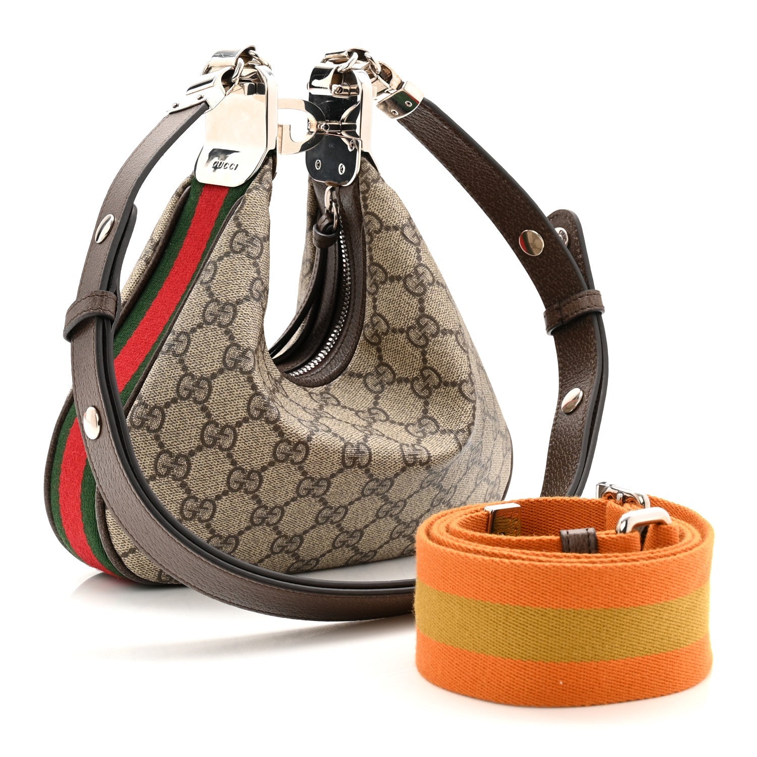 Gucci GG Supreme Monogram Textured Calfskin Web Small Attache Shoulder Bag Beige Ebony New Acero