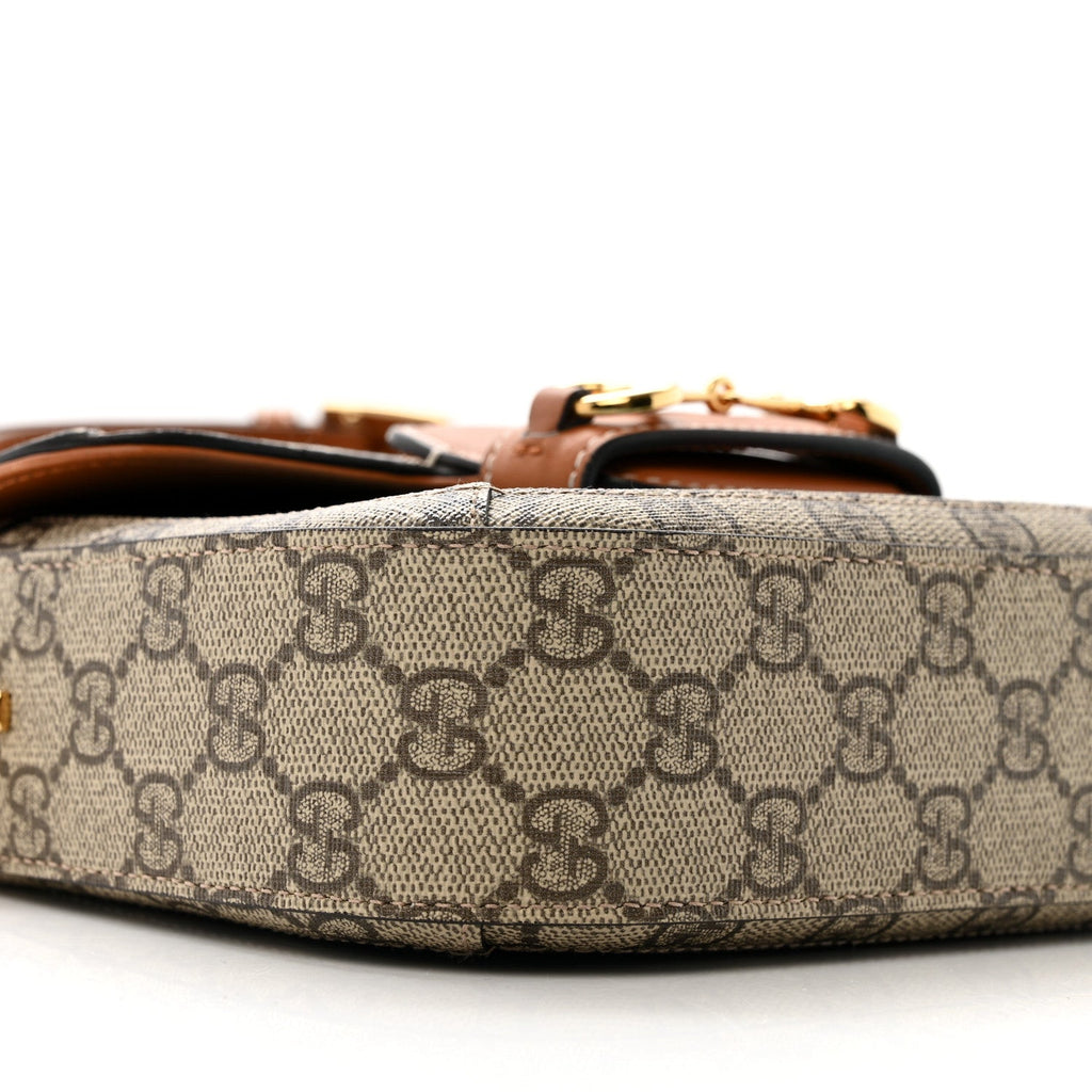 Gucci X DANS LE VERT Textured Dollar Calfskin GG Supreme Monogram Web Mini Horsebit 1955 Shoulder Bag Dusty Azure Beige Ebony