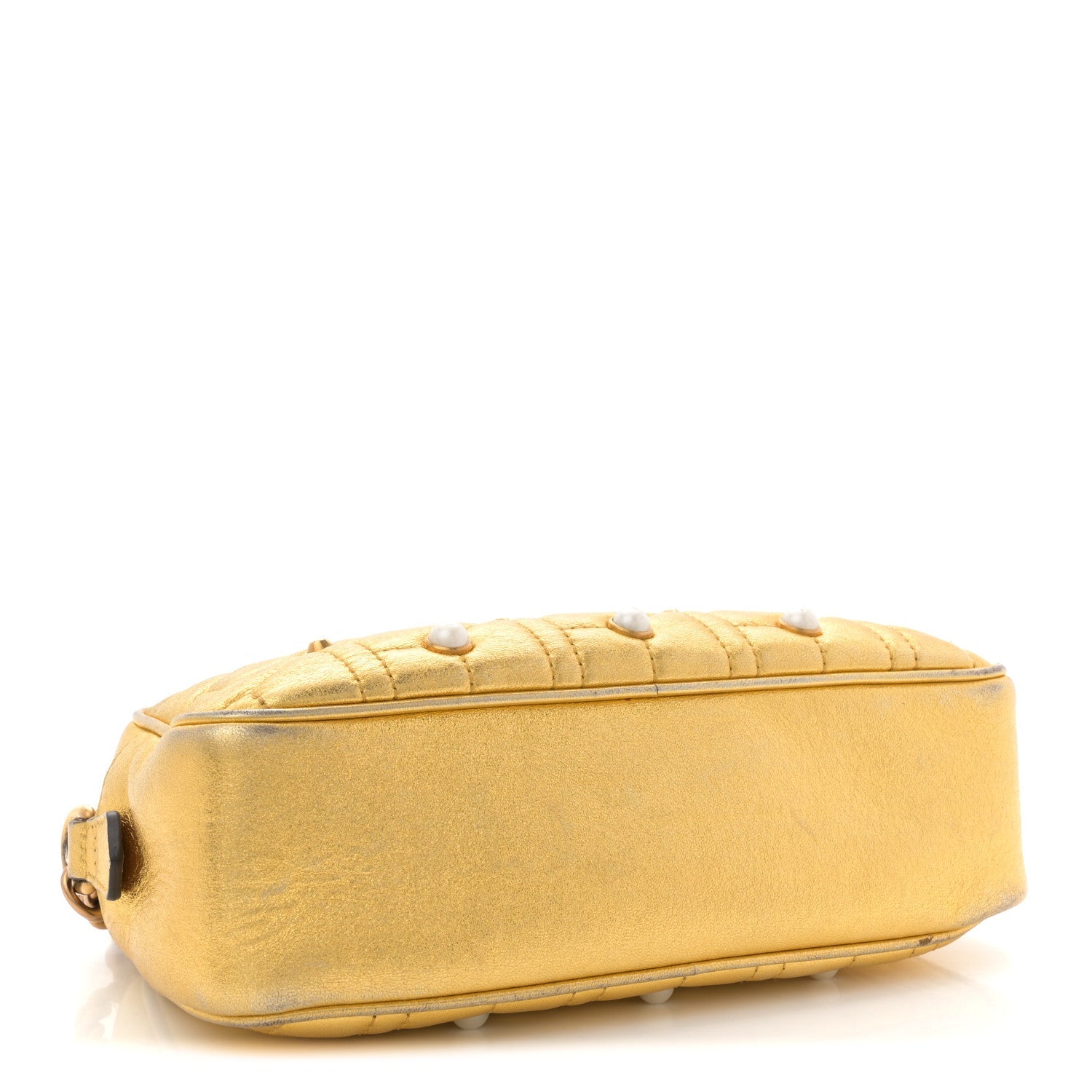 Gucci Metallic Calfskin Matelasse Studded Small Pearly GG Marmont Chain Shoulder Bag Gold