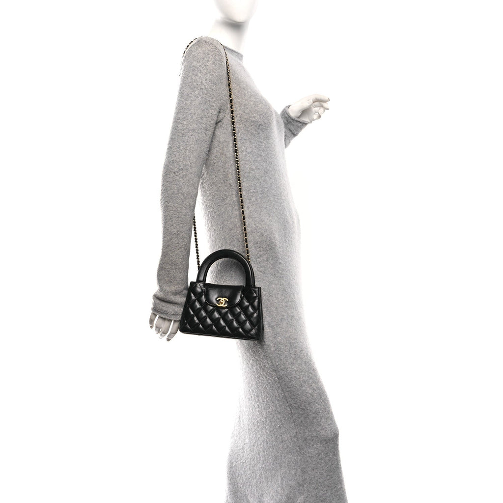 Chanel Shiny Aged Calfskin Quilted Nano Kelly Shopper Black
