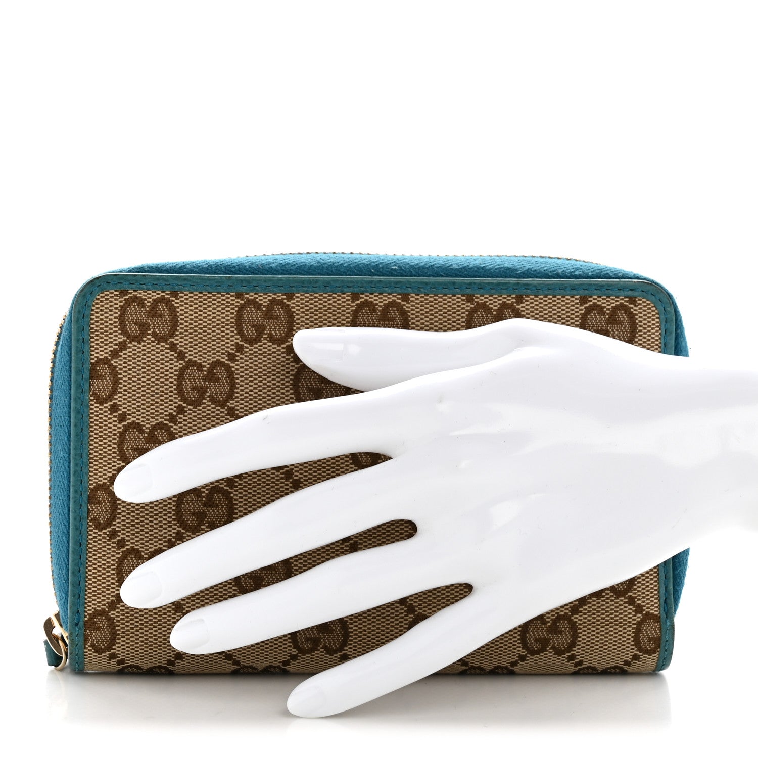 Gucci Monogram Dollar Calfskin Zip Around Compact Wallet Beige Ebony Deep Cobalt