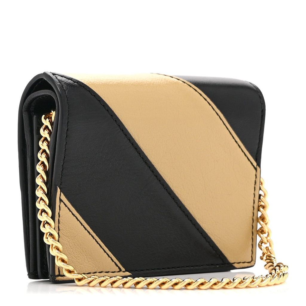 Gucci Calfskin Diagonal Striped Zumi Chain Card Case Wallet Black Beige