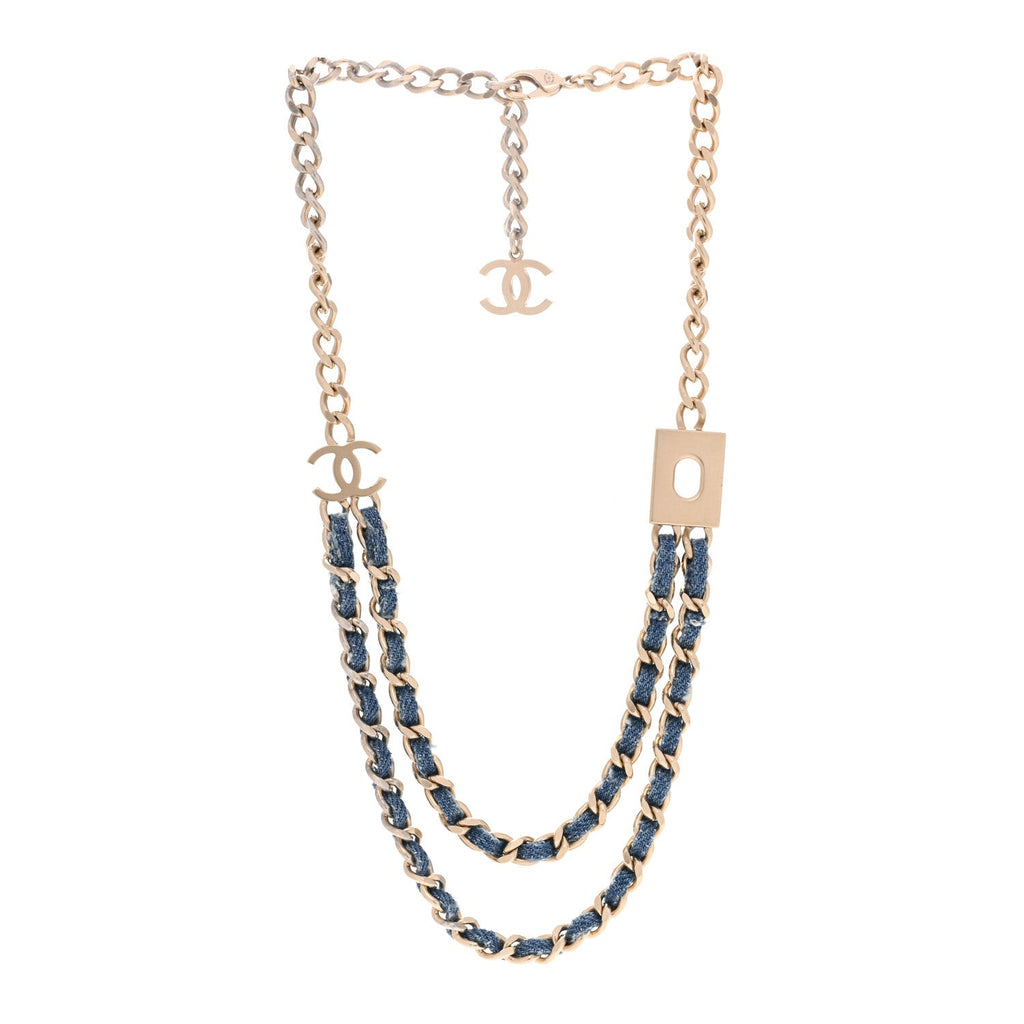 Metal Denim CC Double Chain Necklace Blue Gold