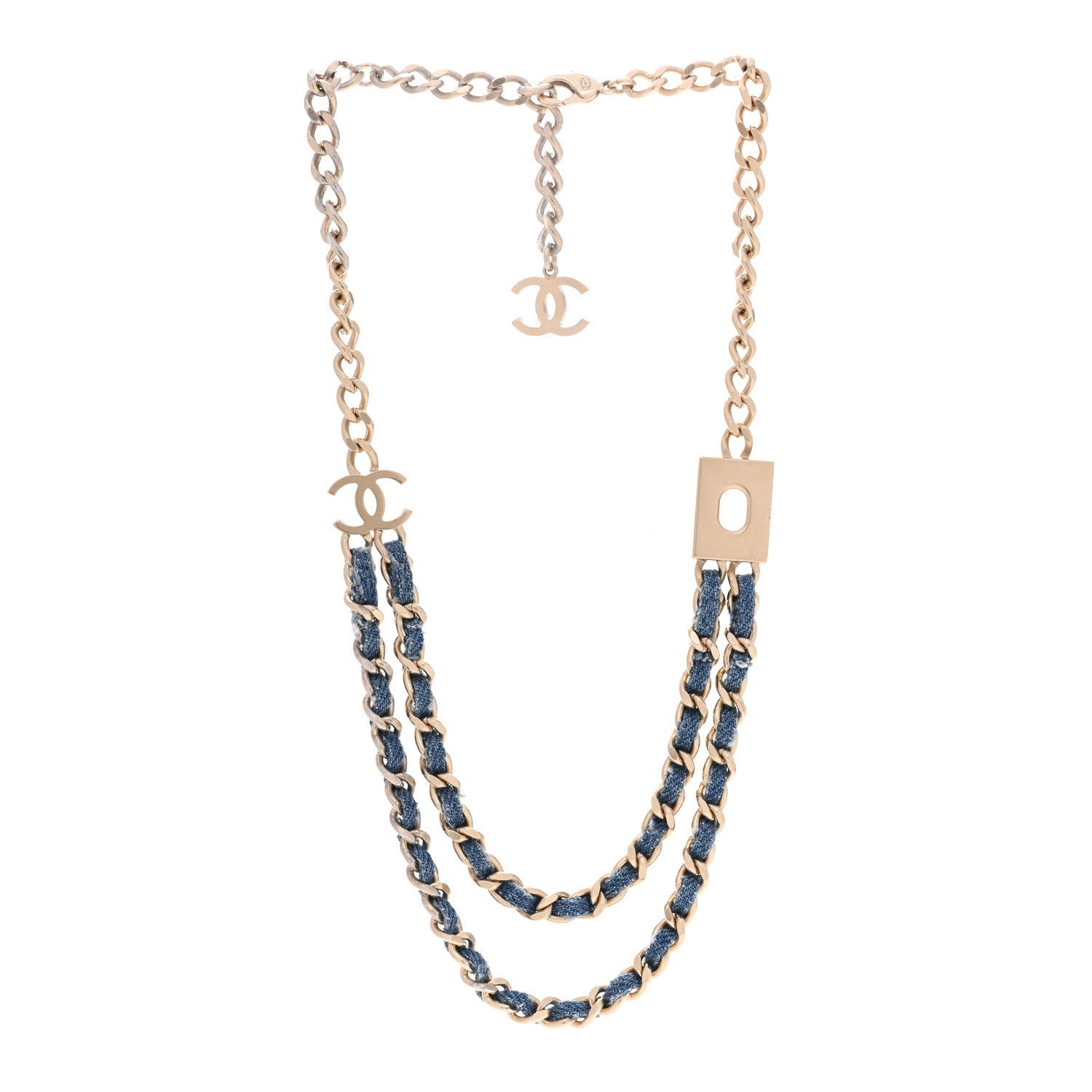 Metal Denim CC Double Chain Necklace Blue Gold