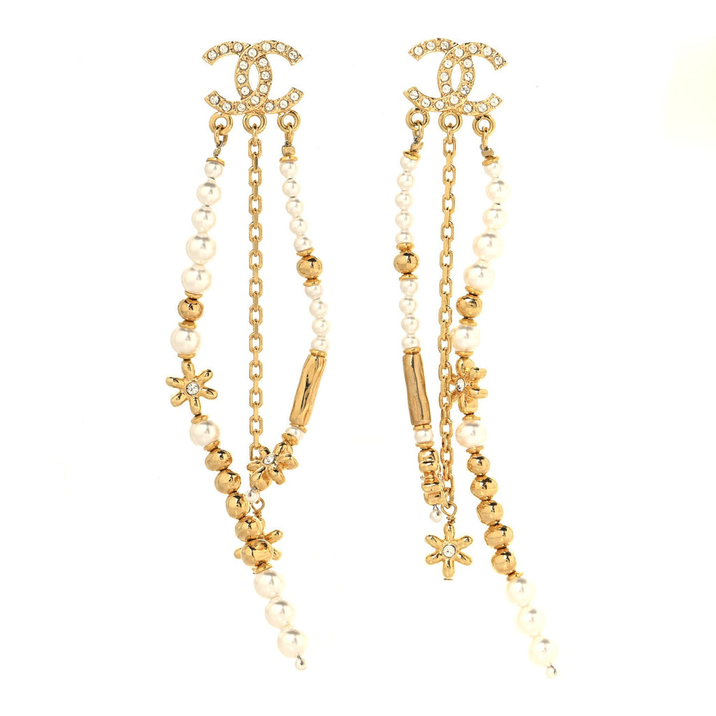 Pearl Crystal CC Flower Chain Multi Drop Earrings Gold
