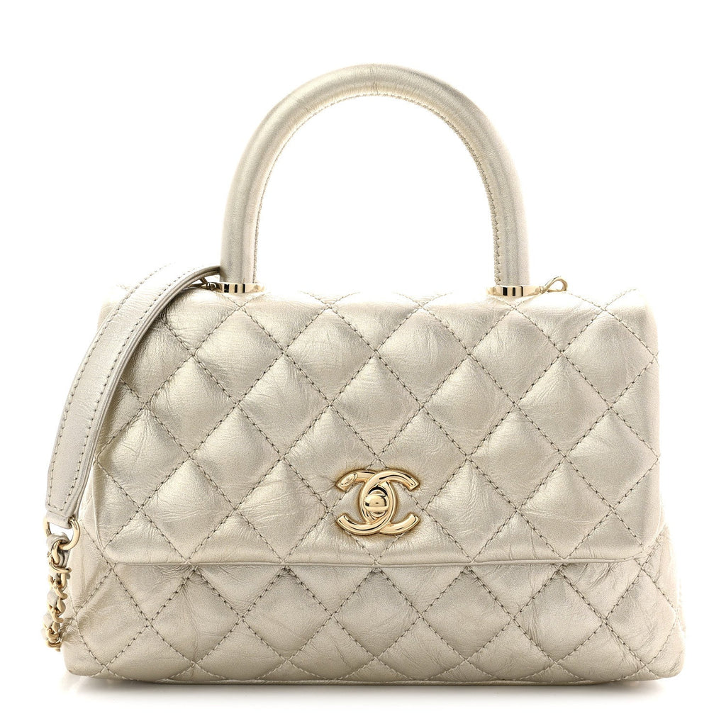 Chanel Metallic Aged Calfskin Quilted Mini Coco Handle Flap Gold