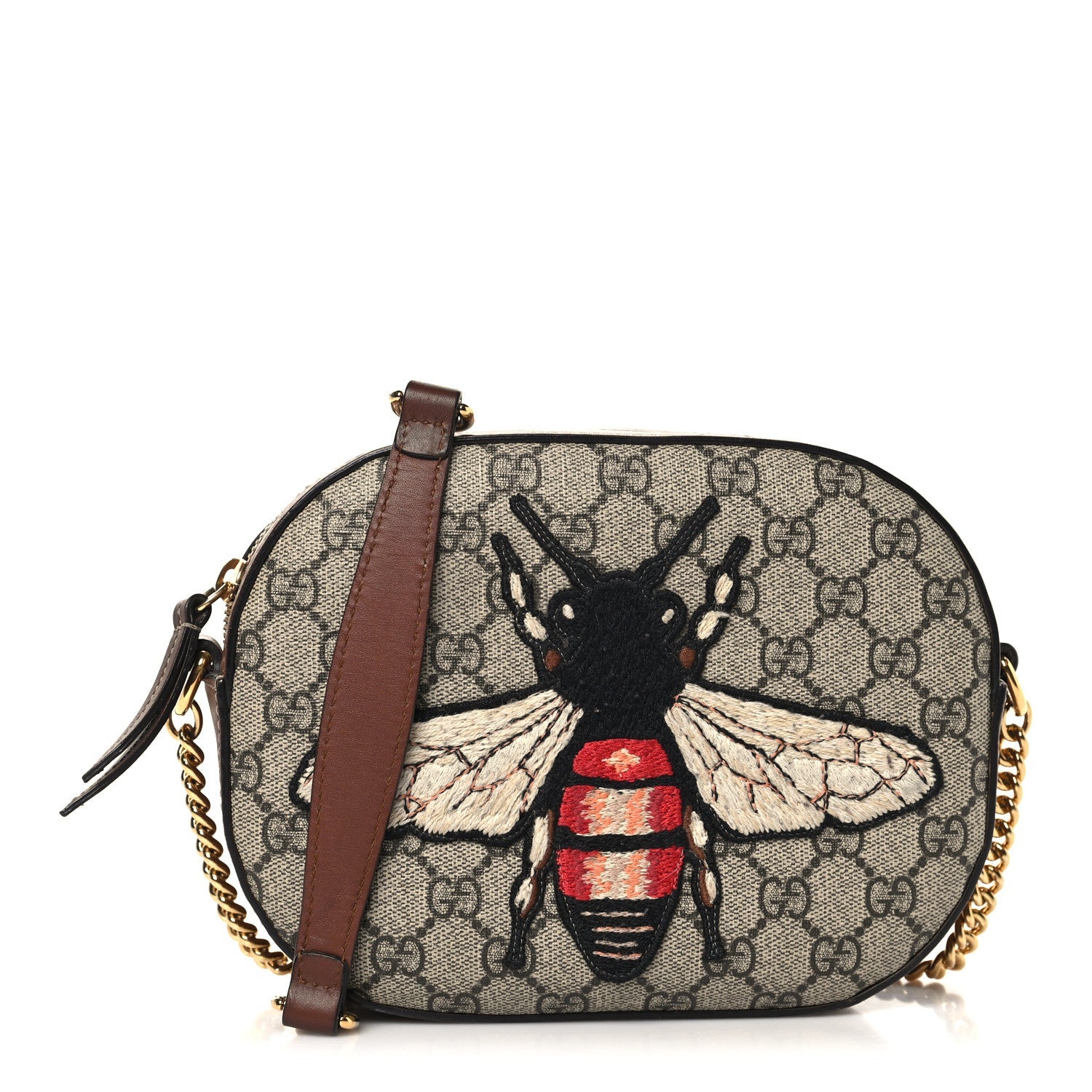 Gucci GG Supreme Monogram Bee Embroidered Mini Chain Shoulder Bag Beige Tuscany