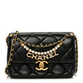Chanel Shiny Lambskin Quilted Mini Pearl Logo Flap Black