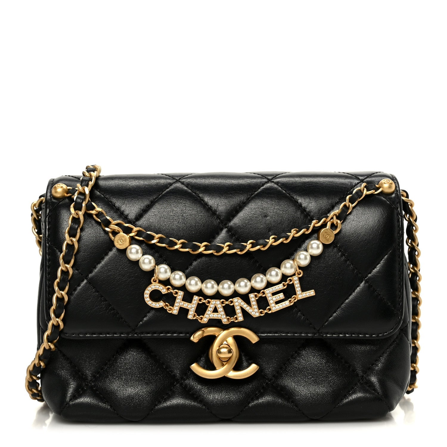 Chanel Shiny Lambskin Quilted Mini Pearl Logo Flap Black