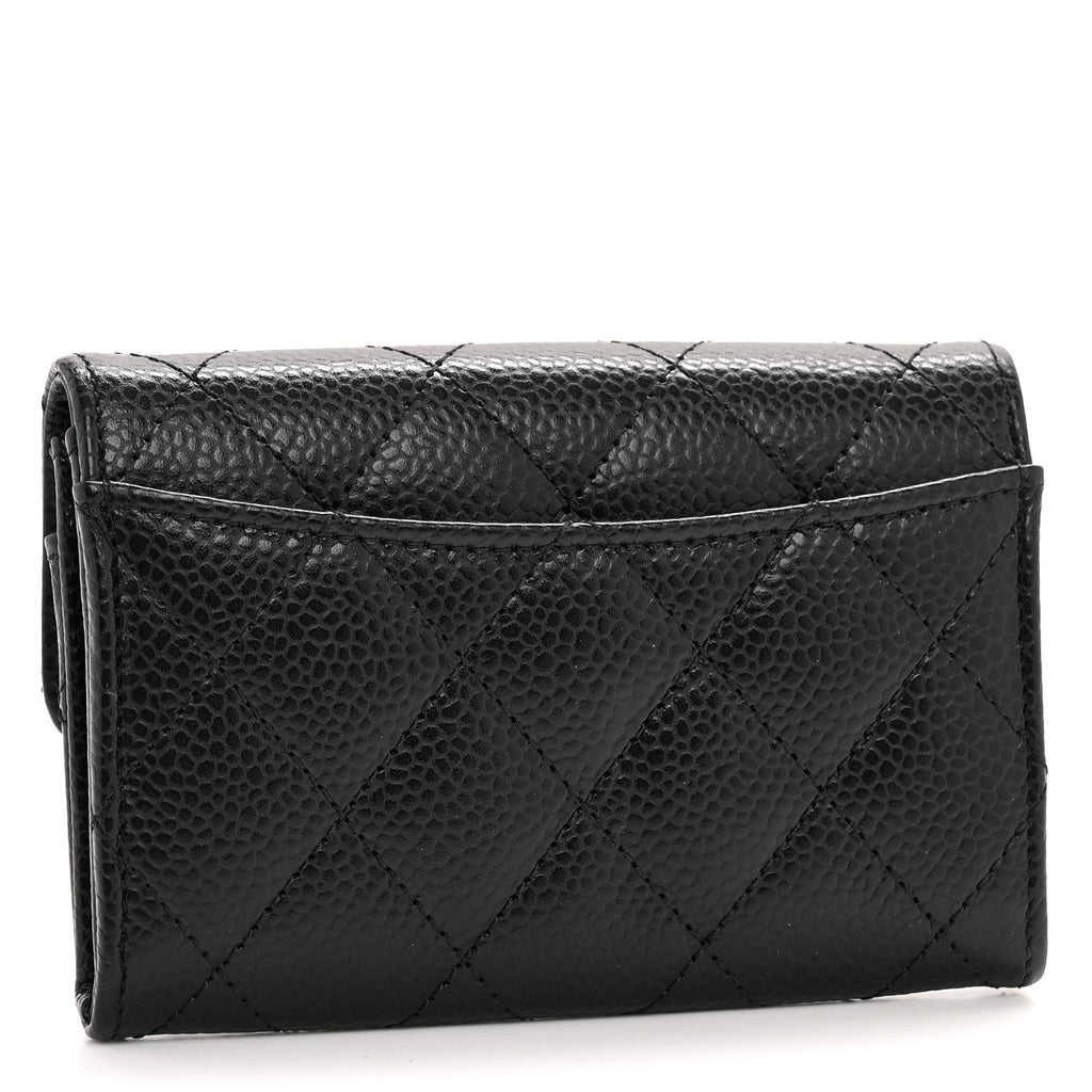 Caviar Quilted Flap Card Holder Wallet Black