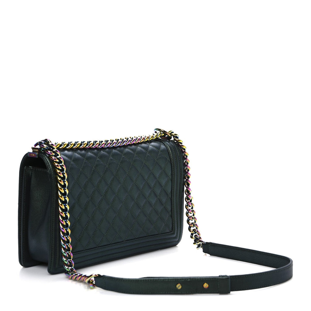 Chanel Iridescent Goatskin Quilted New Medium Boy Flap Green