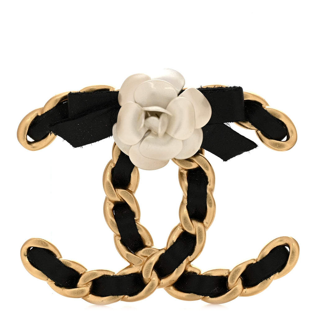 Lambskin Chain Camellia CC Brooch Black Gold