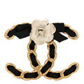 Lambskin Chain Camellia CC Brooch Black Gold