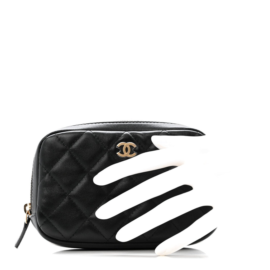 Lambskin Quilted Small Curvy Pouch Cosmetic Case Black