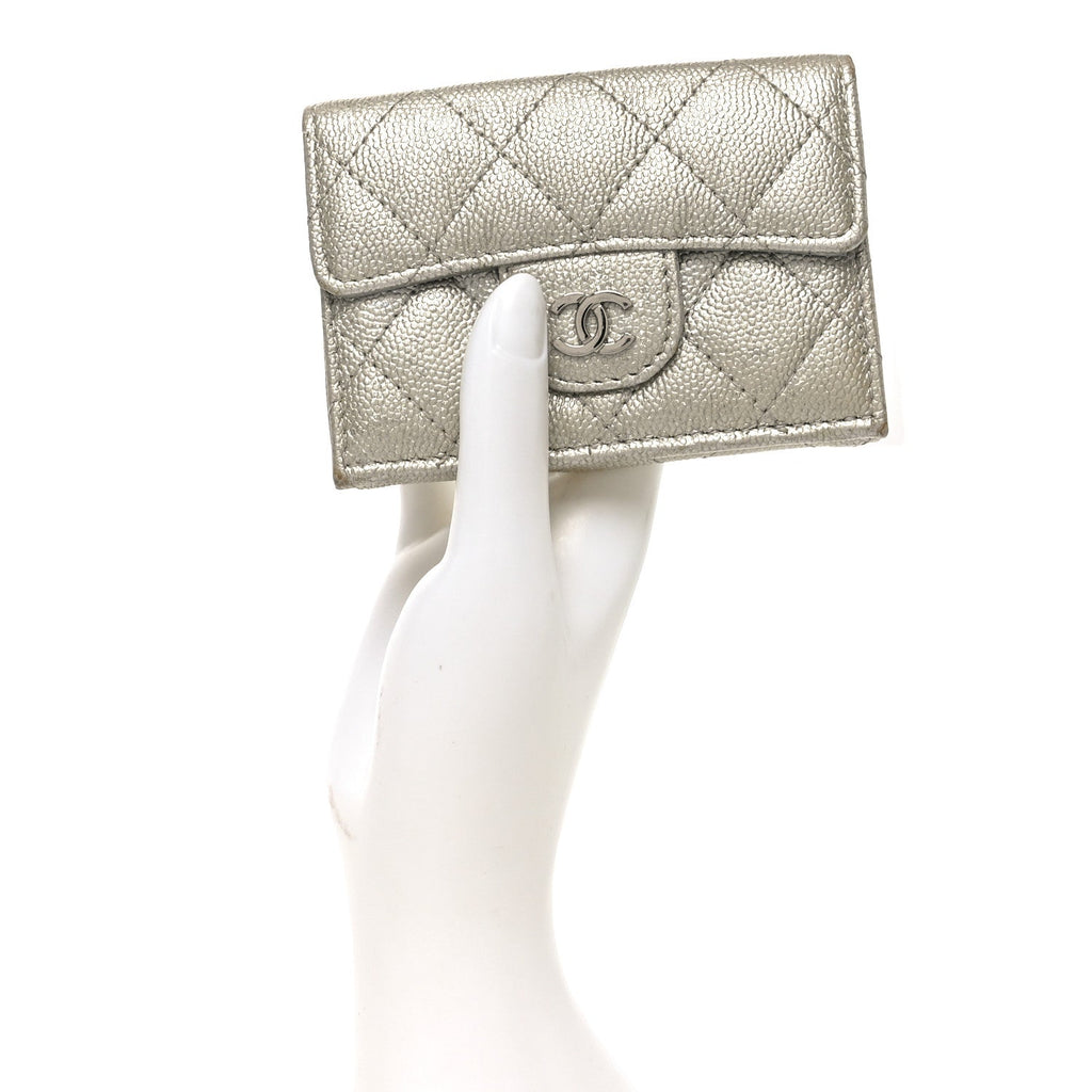 Metallic Caviar Quilted Double Flap Wallet Silver