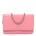 Chanel Lambskin Camellia Embossed Wallet on Chain WOC Pink