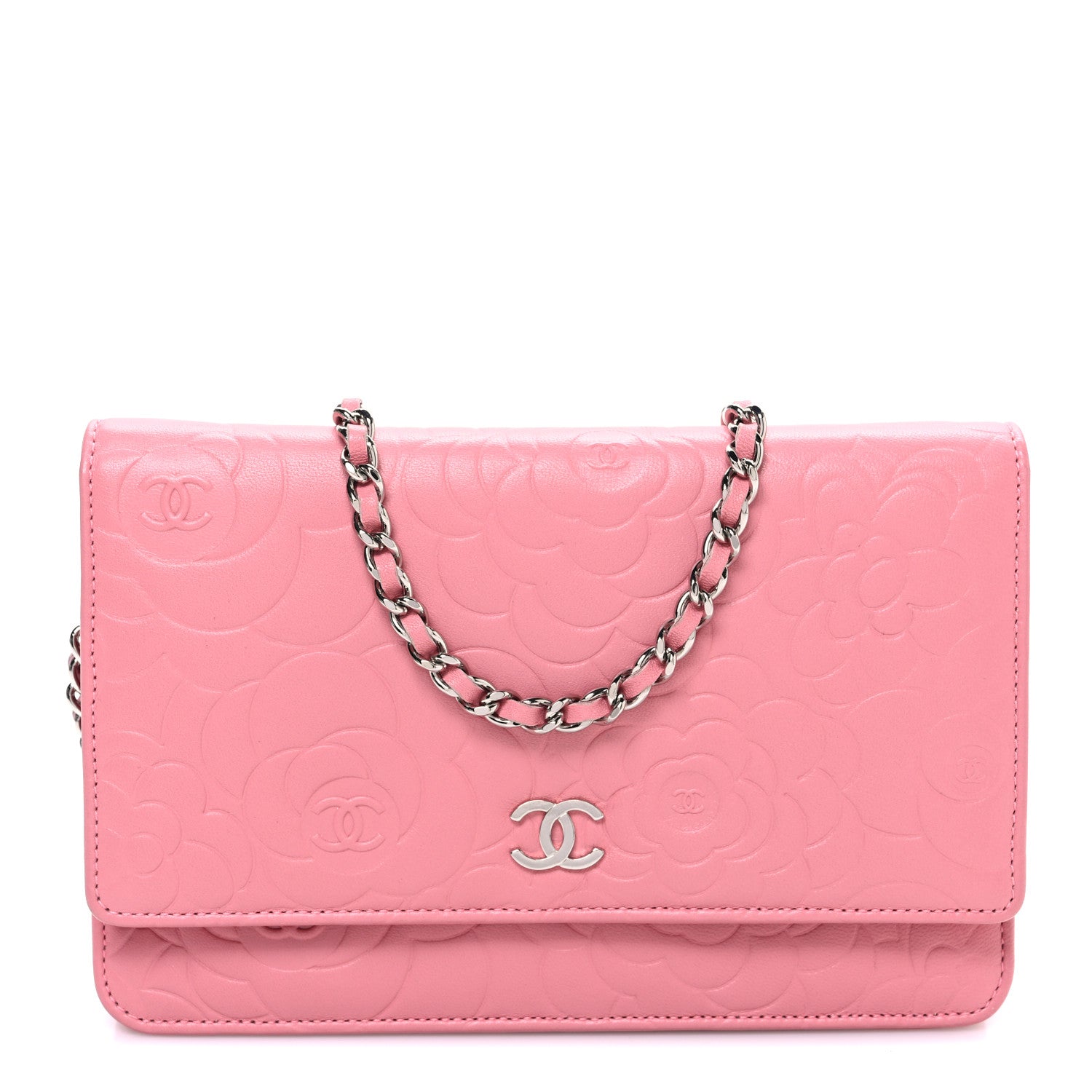 Chanel Lambskin Camellia Embossed Wallet on Chain WOC Pink