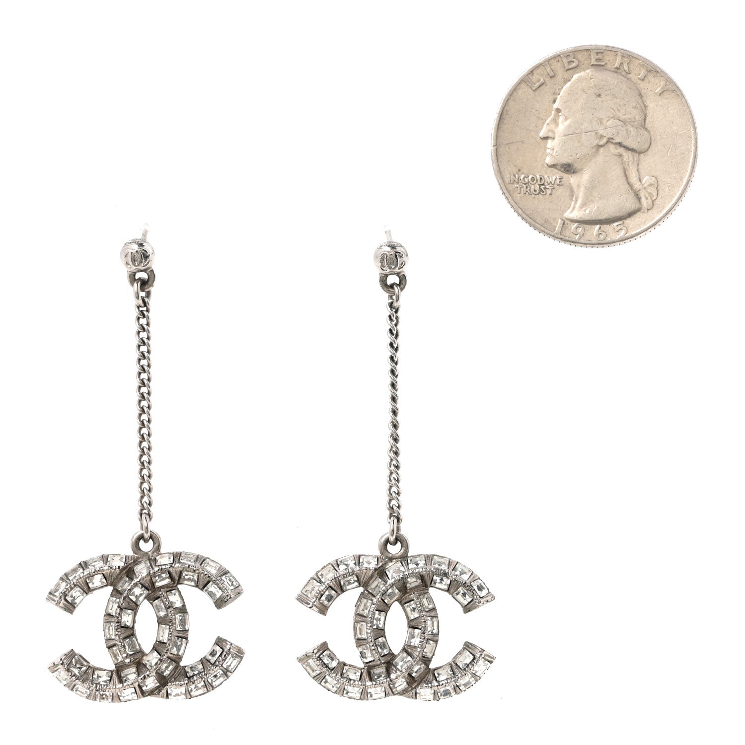 Baguette Crystal CC Drop Earrings Silver