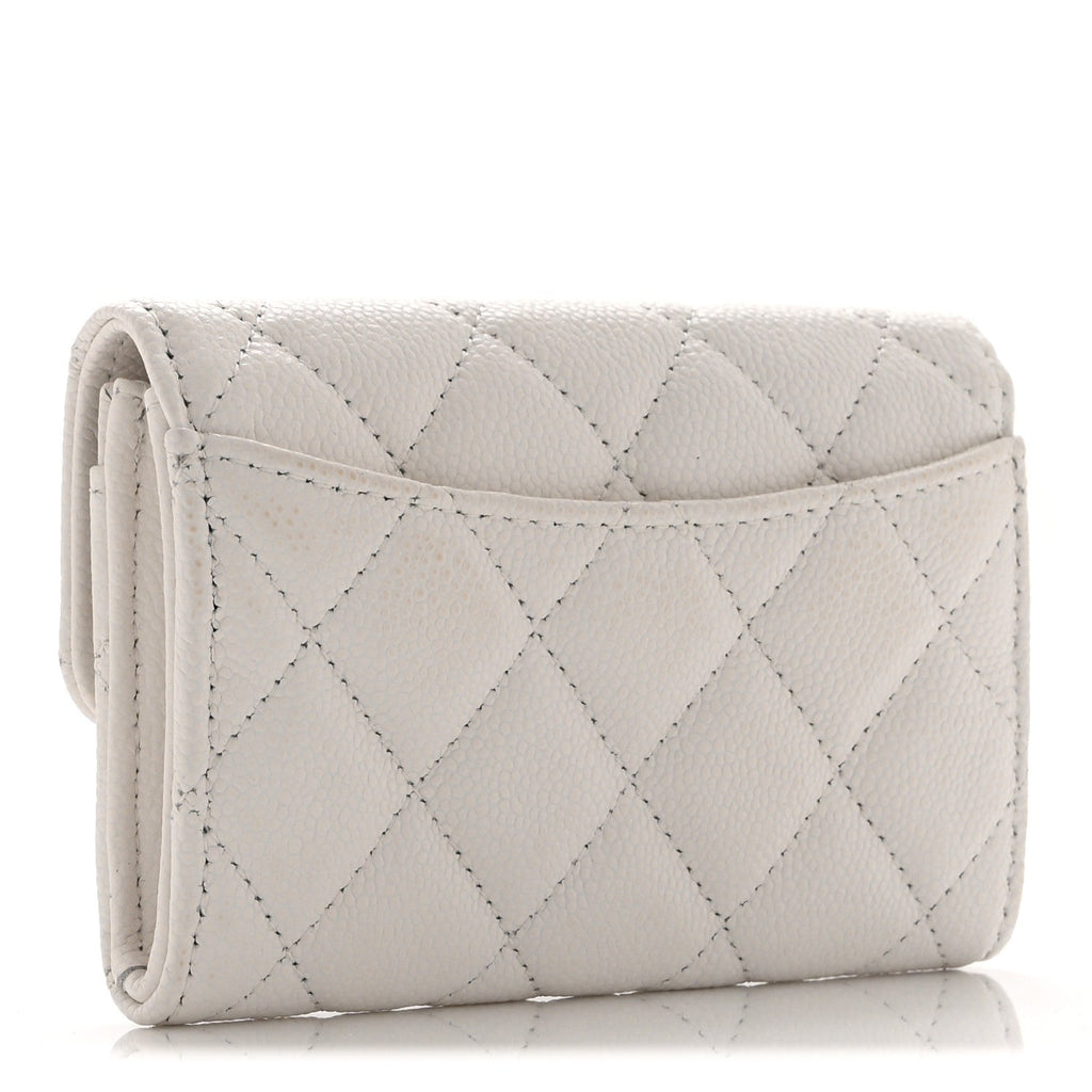 Caviar Quilted Flap Card Holder Wallet White