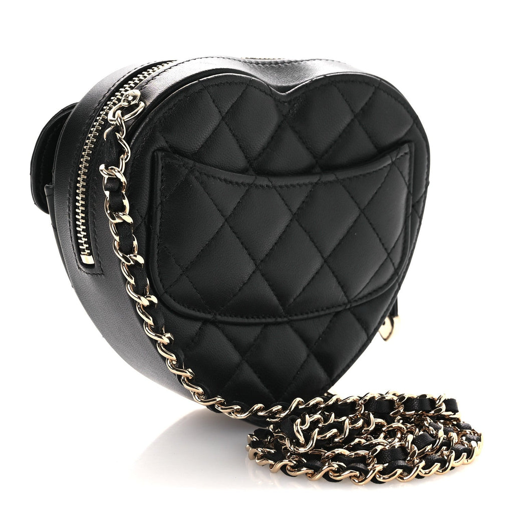 Chanel Lambskin Quilted CC In Love Heart Clutch With Chain Black