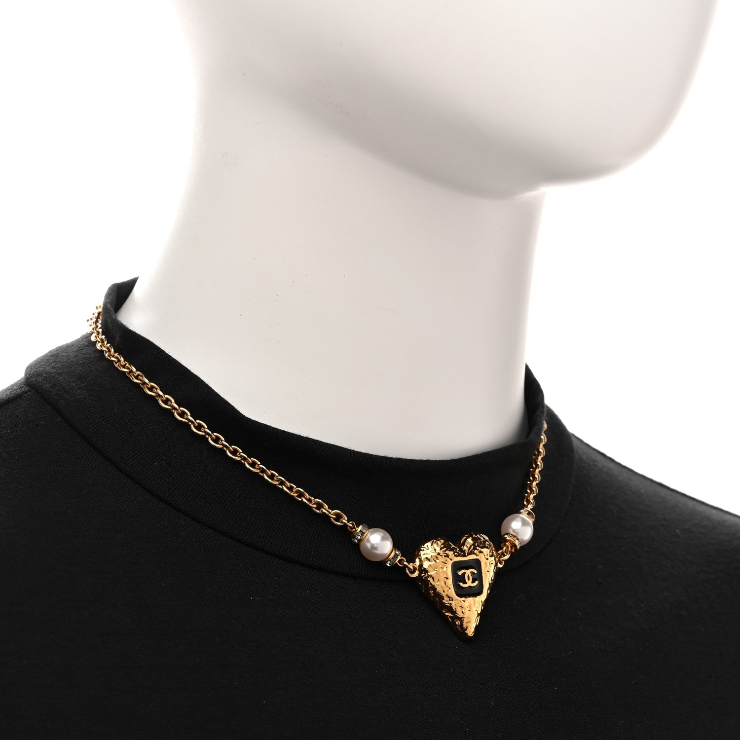 Resin Crystal Pearl Chain Heart CC Pendant Choker Necklace Black White Gold