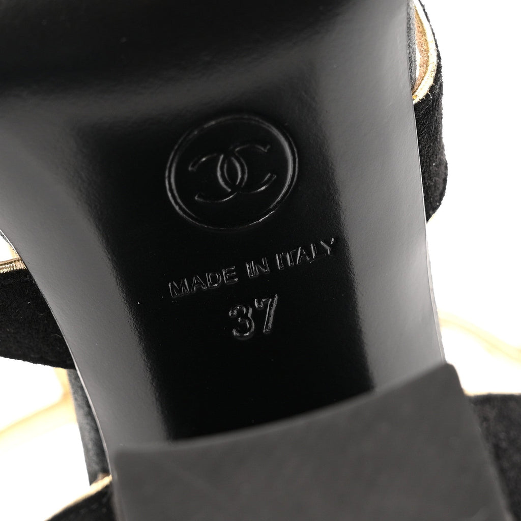 Chanel Suede Calfskin Peep Toe Ankle Strap Pumps 37 Black Grey