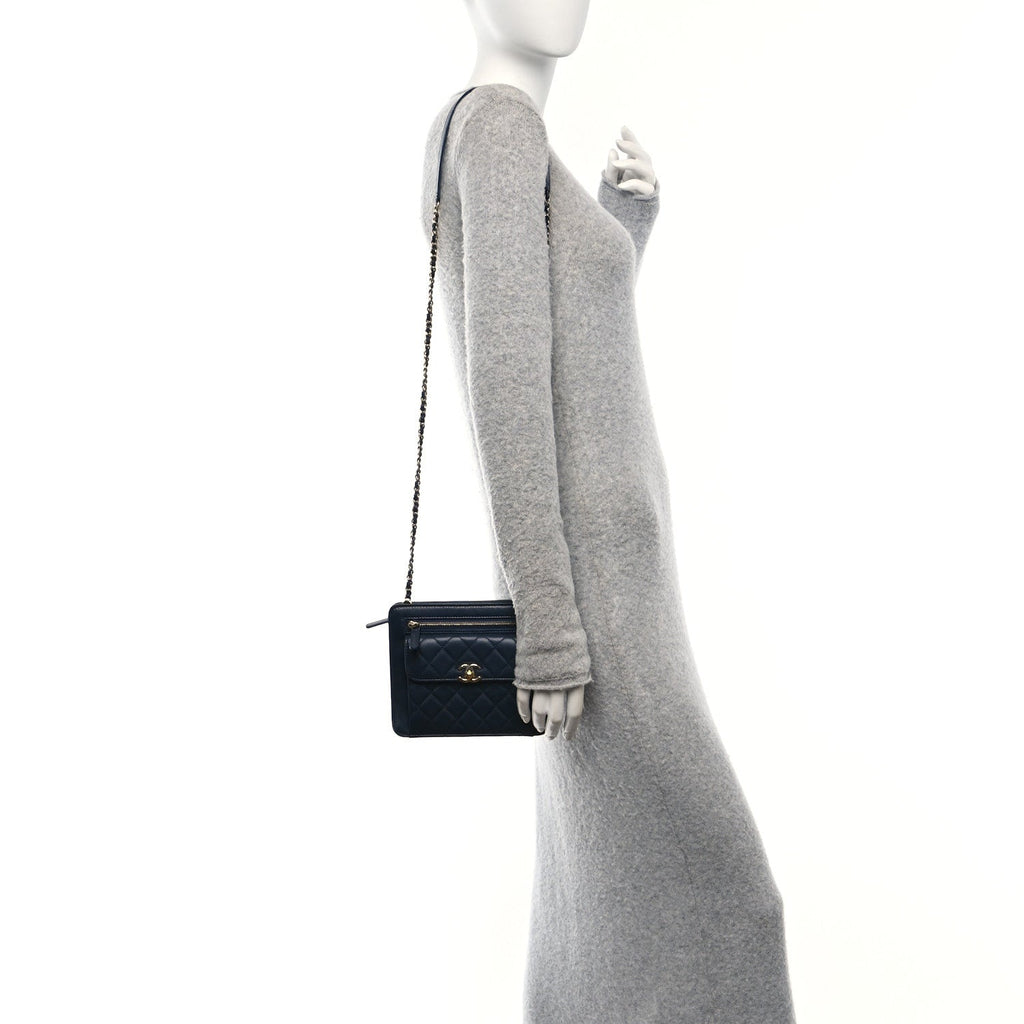 Chanel Lambskin Quilted Square Front Pocket Clutch With Chain Navy Blue