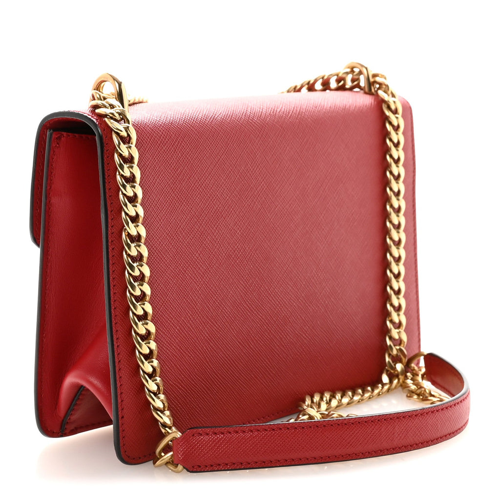 Prada Saffiano Soft Calfskin Metal Triangle Logo Envelope Chain Shoulder Bag Fuoco