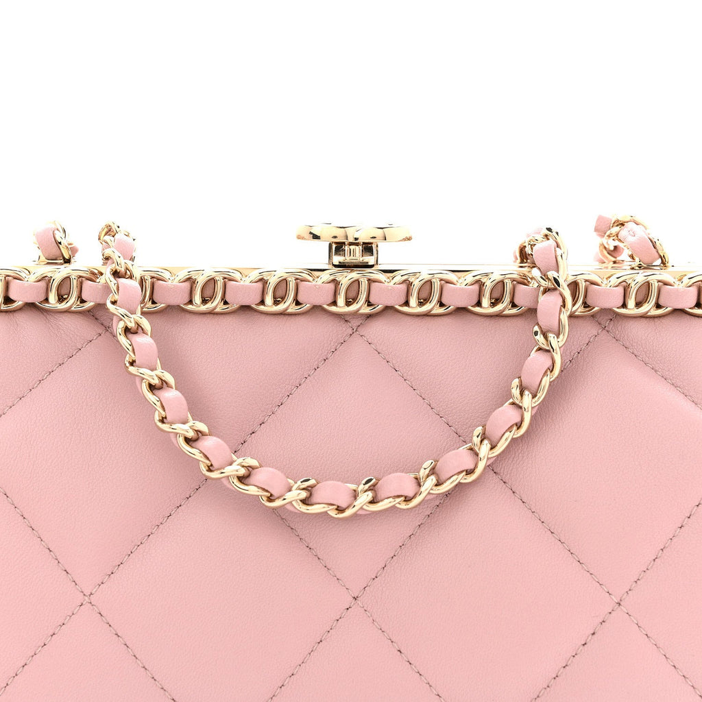 Chanel Lambskin Quilted Chain Frame Clutch Pink