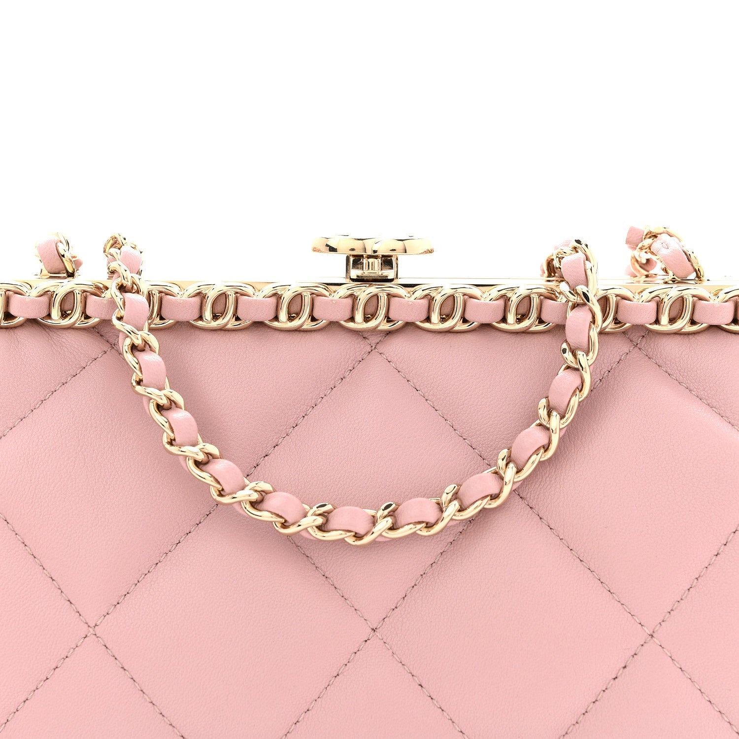 Chanel Lambskin Quilted Chain Frame Clutch Pink