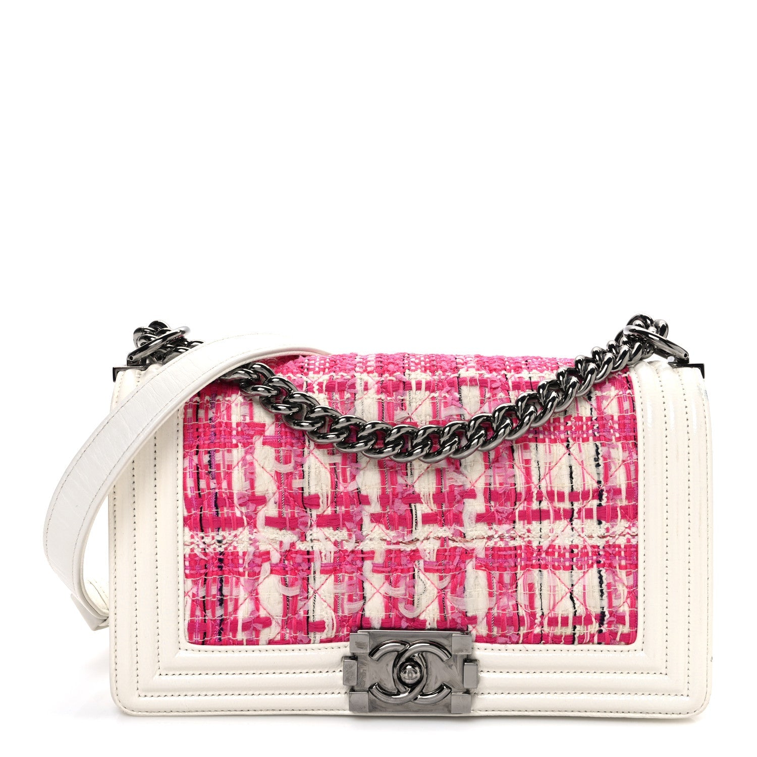 Chanel Patent Tweed Medium Boy Flap White