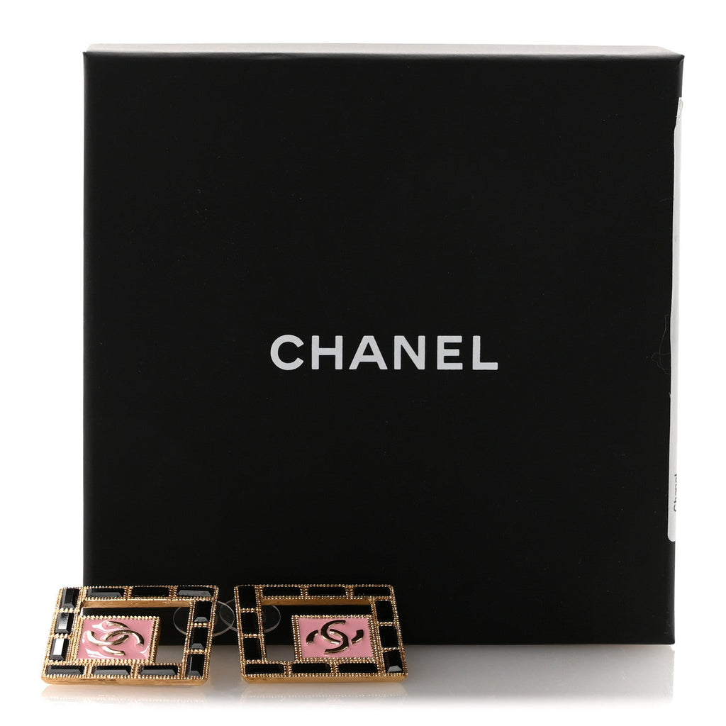 Metal Resin Crystal CC Large Square Earrings Gold Black Pink
