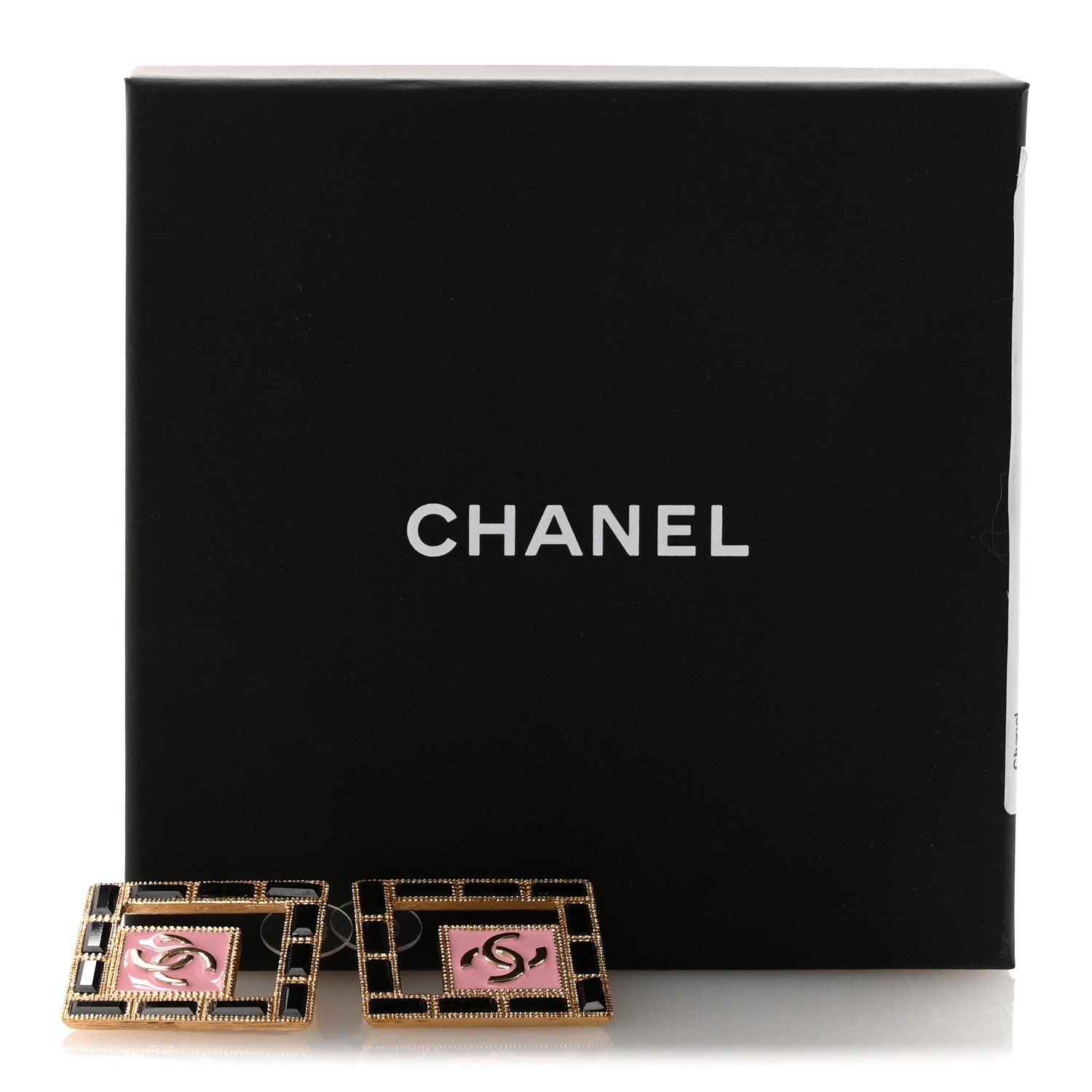 Metal Resin Crystal CC Large Square Earrings Gold Black Pink