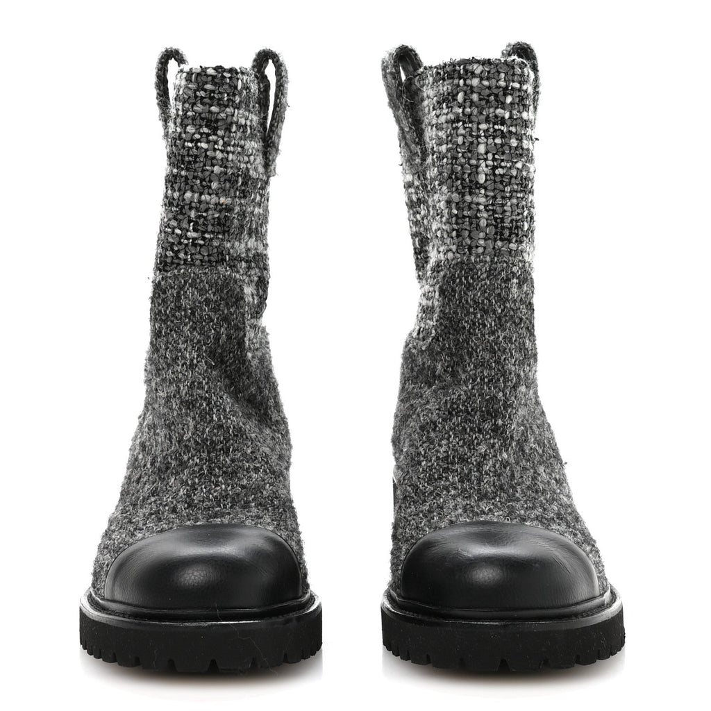 Chanel Wool Tweed CC Cap Toe Ankle Boots 38.5 Black Grey
