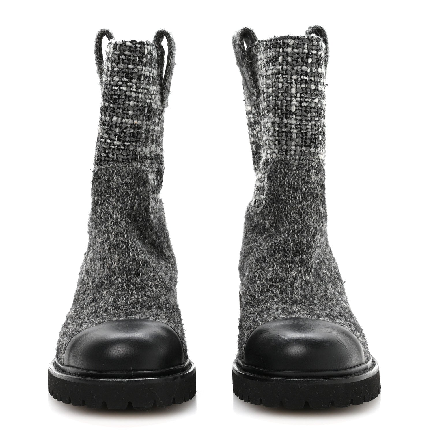 Chanel Wool Tweed CC Cap Toe Ankle Boots 38.5 Black Grey