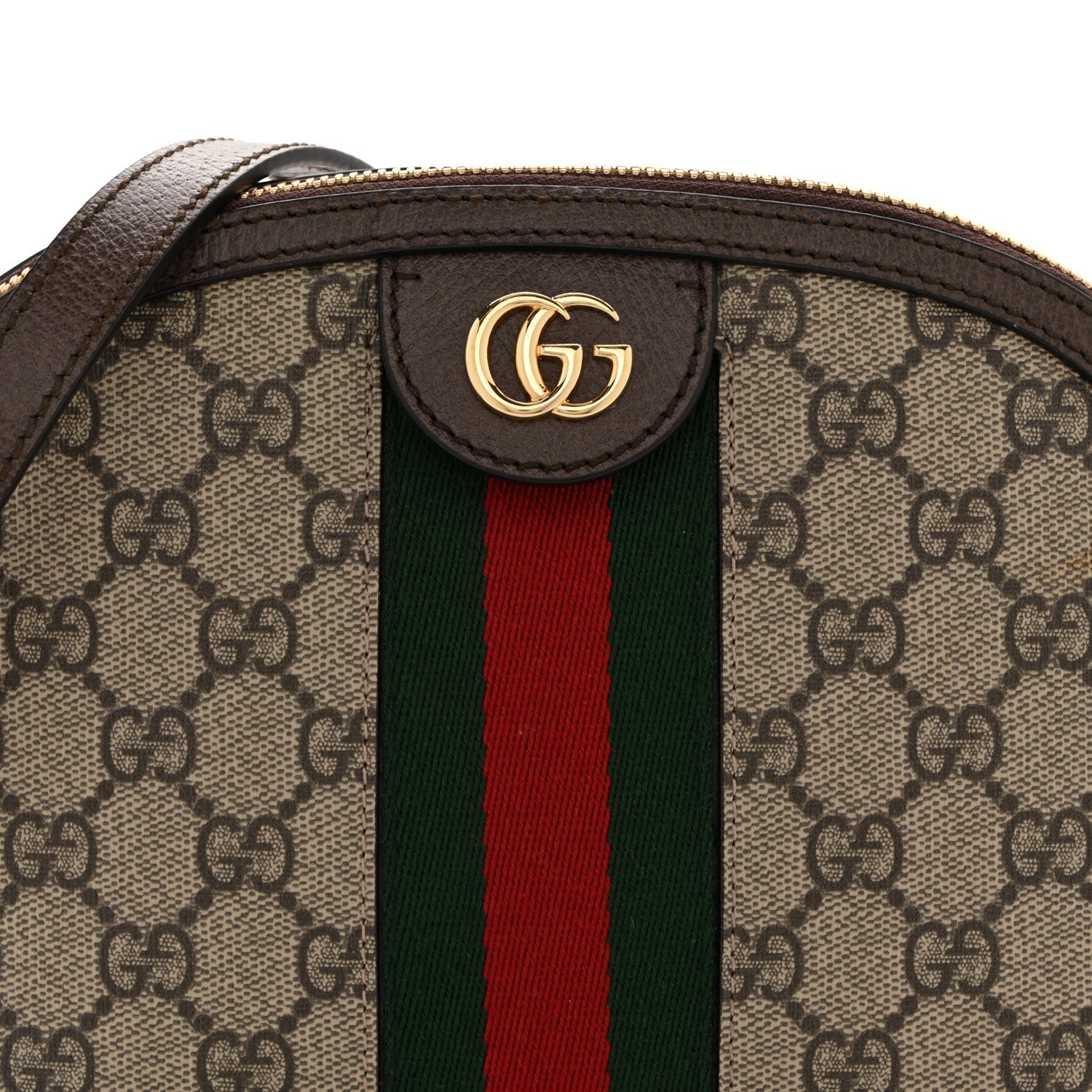 Gucci GG Supreme Monogram Textured Dollar Calfskin Web Small Ophidia Dome Shoulder Bag Beige Ebony New Acero