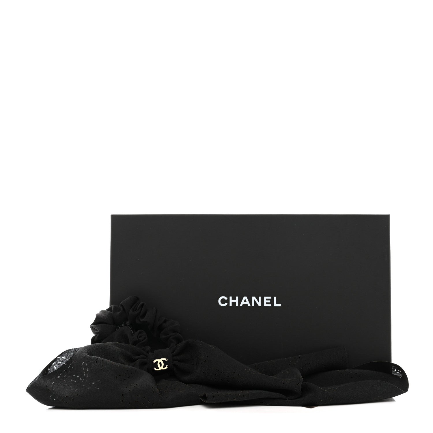 Chanel Silk Perforated Bow CC Scrunchie Black